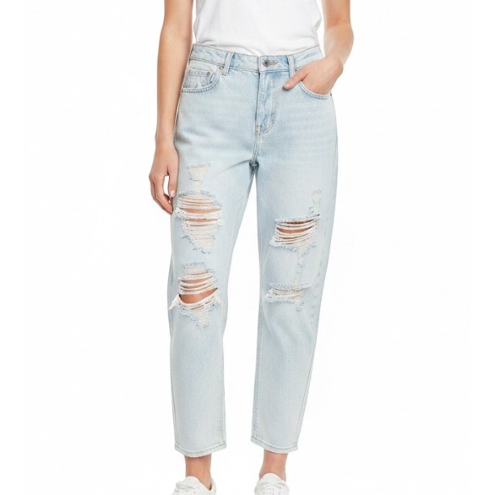 WILD FABLE Light Acid Washed DESTROYED HIGH RISE MOM JEANS 5-Pocket TAPERED sz 4